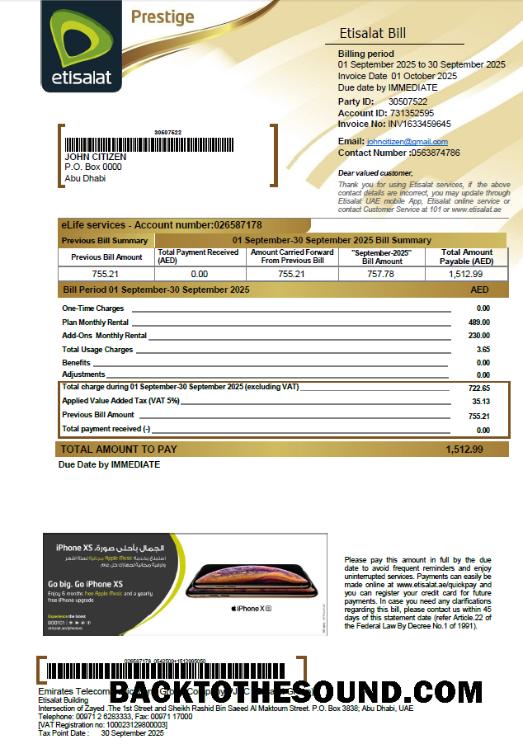 İndir BAE Etisalat Fatura Fatura in Word and PDF Formatlar, Sürüm 2 Örnek tasarım