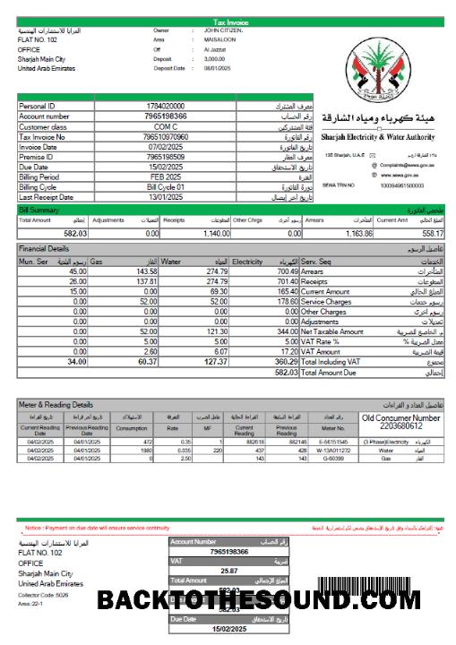 İndir BAE Sharjah Elektrik and Su Authority Fatura Fatura in Word and PDF Formatlar Örnek şablon