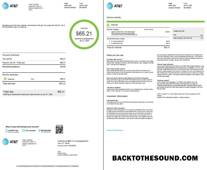 İndir ABD AT&T Fatura Fatura in Word and PDF Formatlar, 2 pages, Sürüm 2 Örnek taslak