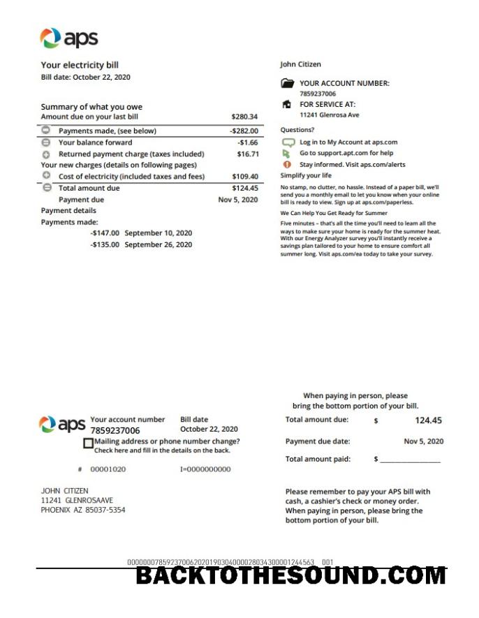 İndir ABD Arizona APS Elektrik proof of address Fatura Fatura in Word and PDF Format Örnek örnek