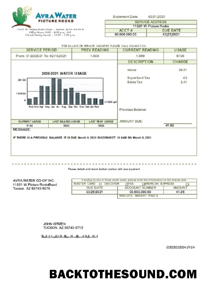 İndir ABD Arizona Avra Su Fatura Fatura in Word and PDF Format Örnek tasarım