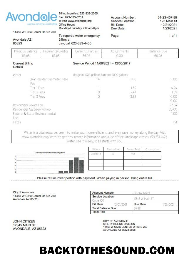 İndir ABD Arizona The City of Avondale Su Fatura Fatura in Word and PDF Format Örnek tasarım