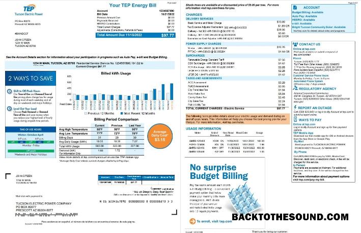 Yüksek Kalite İndir ABD Arizona Tucson Electric Power (TEP) Fatura Fatura, Word and PDF Şablon, 2 pages Örnek