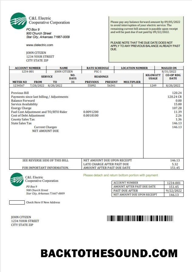 İndir ABD Arkansas C & L Electric Cooperative Corporation Fatura Fatura in Word and PDF Format Örnek tasarım