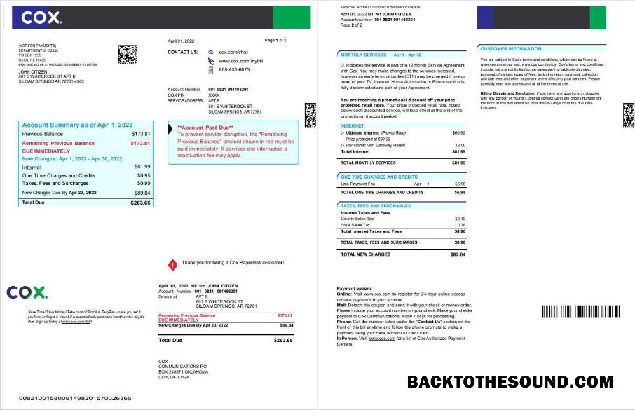 Düzenlenebilir İndir ABD COX digital cable television Fatura Fatura, Word and PDF Şablon, 2 pages Örnek