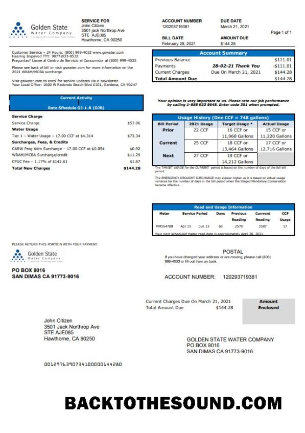 İndir ABD California Golden State Su Şirket Fatura Fatura in .doc and .PDF Format Örnek örnek