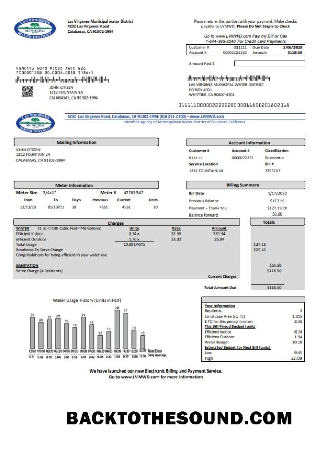 İndir ABD California Las Virgenes Municipal Su District Fatura Fatura in Word and PDF Format Örnek tasarım