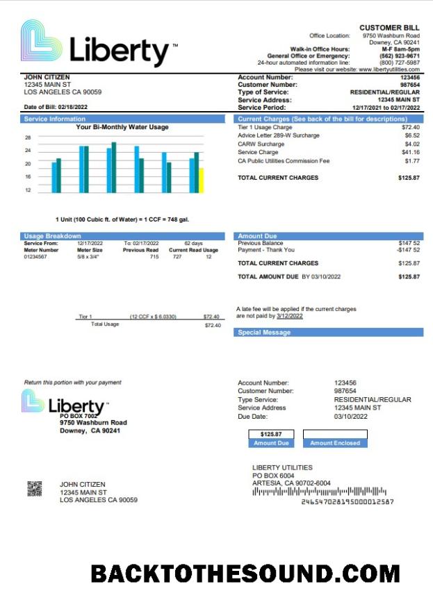 İndir ABD California Liberty Utilities Fatura Fatura in Word and PDF Format Örnek şablon