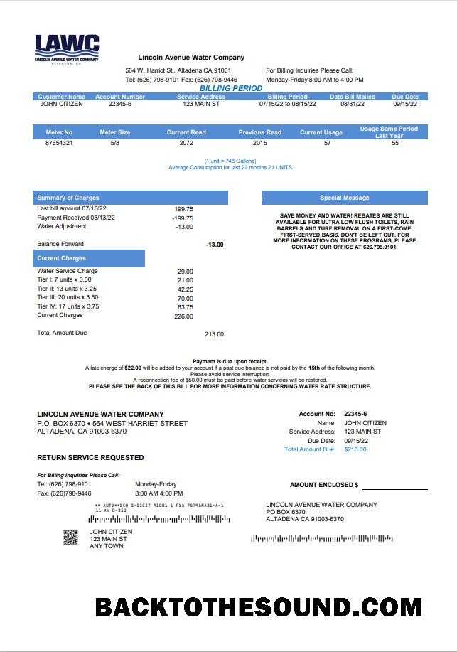İndir ABD California Lincoln bulvar Su Şirket Fatura Fatura in Word and PDF Format Örnek örnek