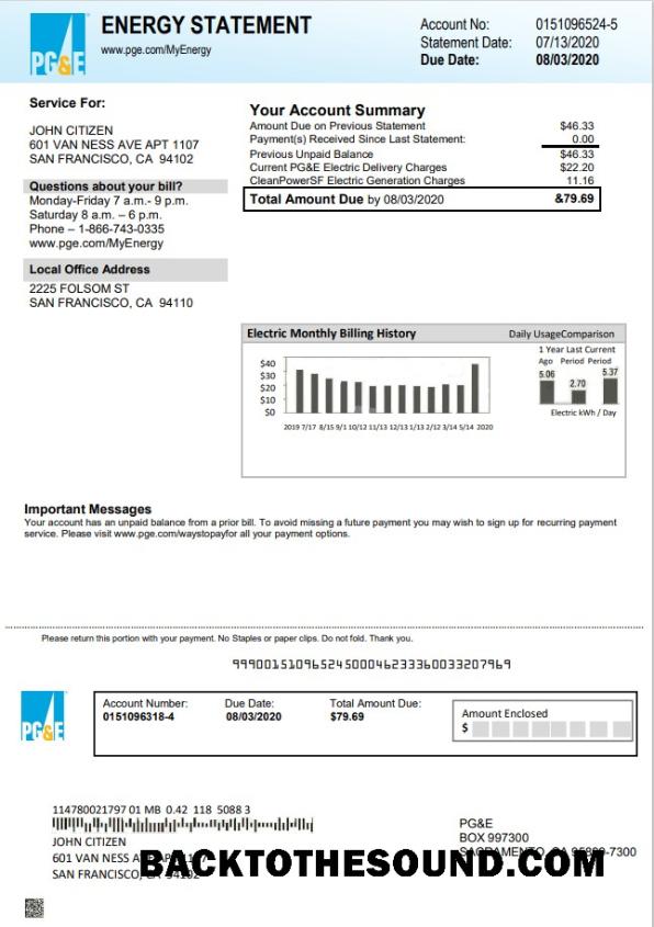 İndir ABD California PG&E Elektrik Fatura Fatura in Word and PDF Format Örnek şablon