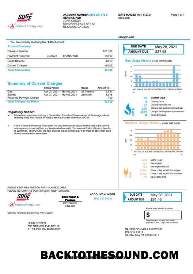 İndir ABD California San Diego Gaz & Electric (SDG&E) Fatura Fatura in Word and PDF Format Örnek şablon