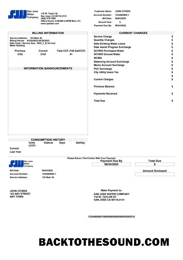 İndir ABD California San Jose Su Fatura Fatura in Word and PDF Format Örnek şablon