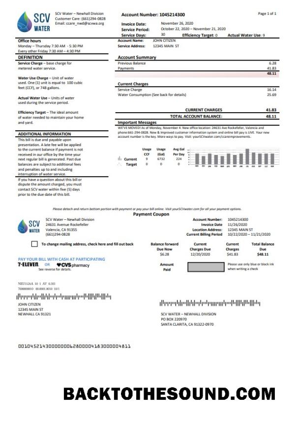 İndir ABD California Santa Clarita SCV Su Fatura Fatura in Word and PDF Format Örnek şablon