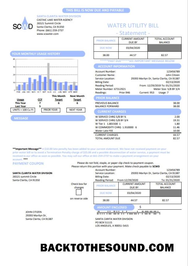 İndir ABD California Santa Clarita Su Division (SCWD) Fatura Fatura in Word and PDF Format Örnek taslak