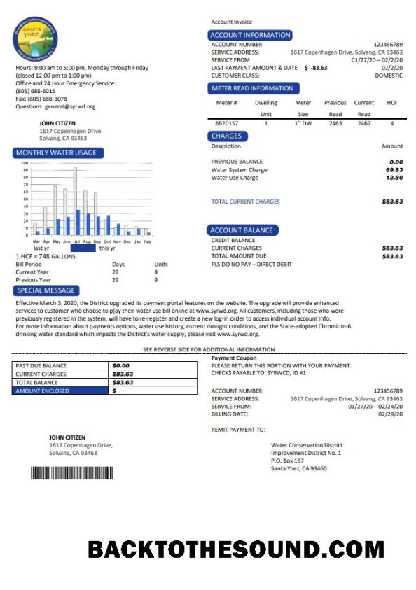 İndir ABD California Santa Ynez Su Fatura Fatura in Word and PDF Format Örnek şablon