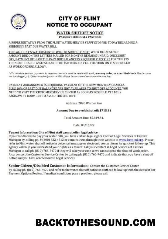 İndir ABD City of Flint Michigan Notice to occupant Su Fatura Fatura shutoff notice, Word and PDF Örnek ön izleme