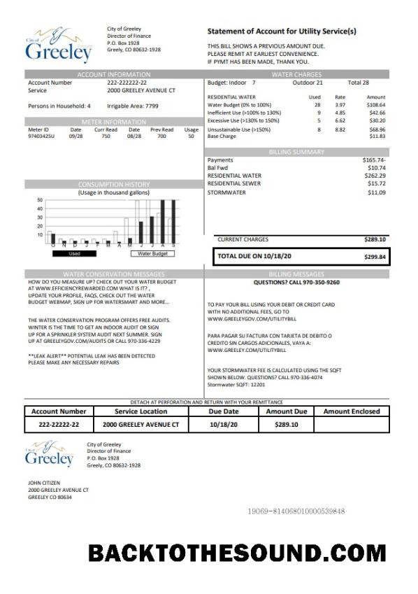 İndir ABD Colorado City of Greeley Su Fatura Fatura in Word and PDF Format Örnek örnek