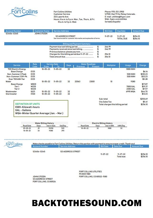 İndir ABD Colorado Fort Collins Utilities Fatura Fatura in Word and PDF Format Örnek taslak