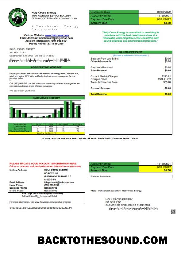 İndir ABD Colorado Holy Cross Energy Fatura Fatura in Word and PDF Format Örnek şablon