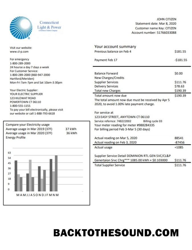 İndir ABD Connecticut Light & Power Elektrik Fatura Fatura in Word and PDF Format Örnek ön izleme