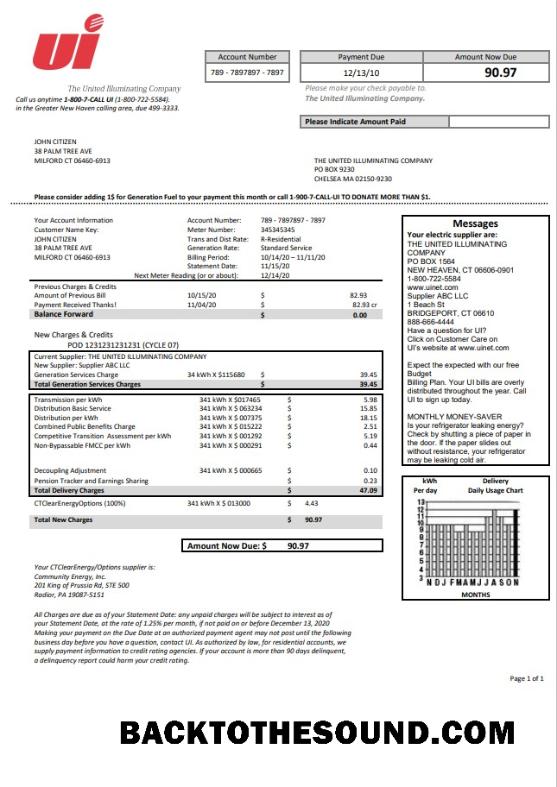 İndir ABD Connecticut The birleşik Illuminating Şirket Elektrik Fatura Fatura in Word and PDF Format Örnek taslak