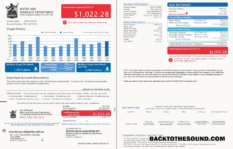 İndir ABD Detroit Su and Sewerage Department Fatura Fatura in Word and PDF Formatlar, 2 pages, Sürüm 4 Örnek ön izleme