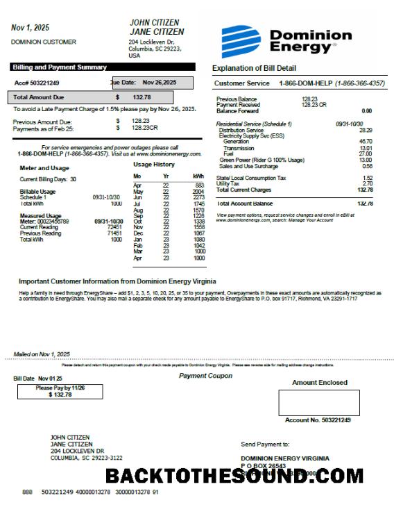 İndir ABD Dominion Energy Fatura Fatura in Word and PDF Formatlar, Sürüm 2 Örnek örnek