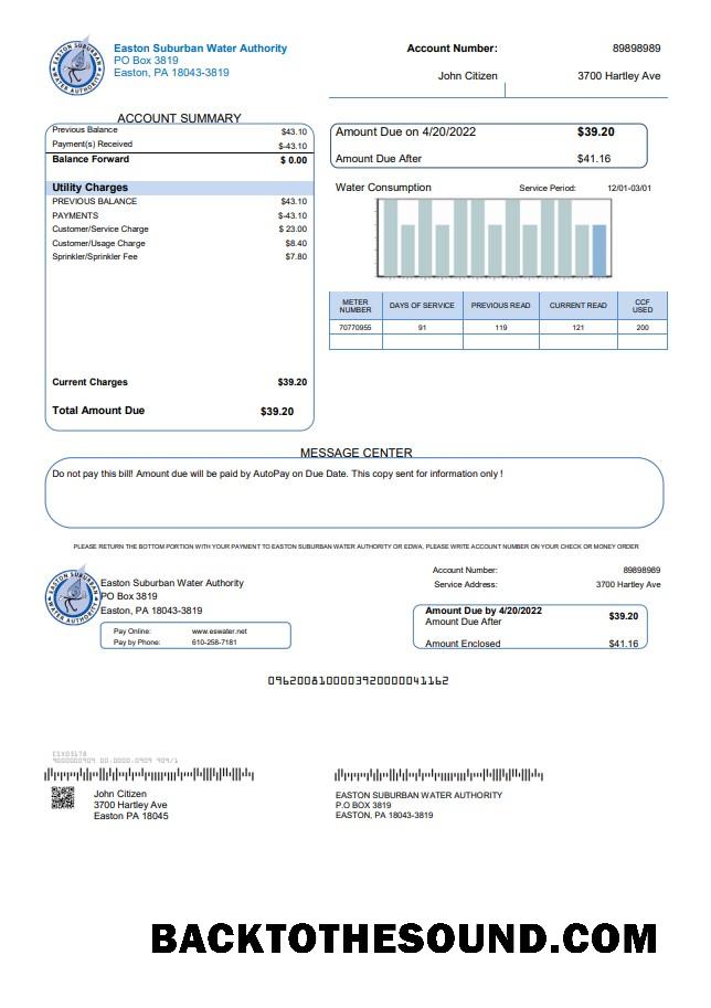 İndir ABD Eastern Suburban Su Authority Fatura Fatura in Word and PDF Format Örnek ön izleme