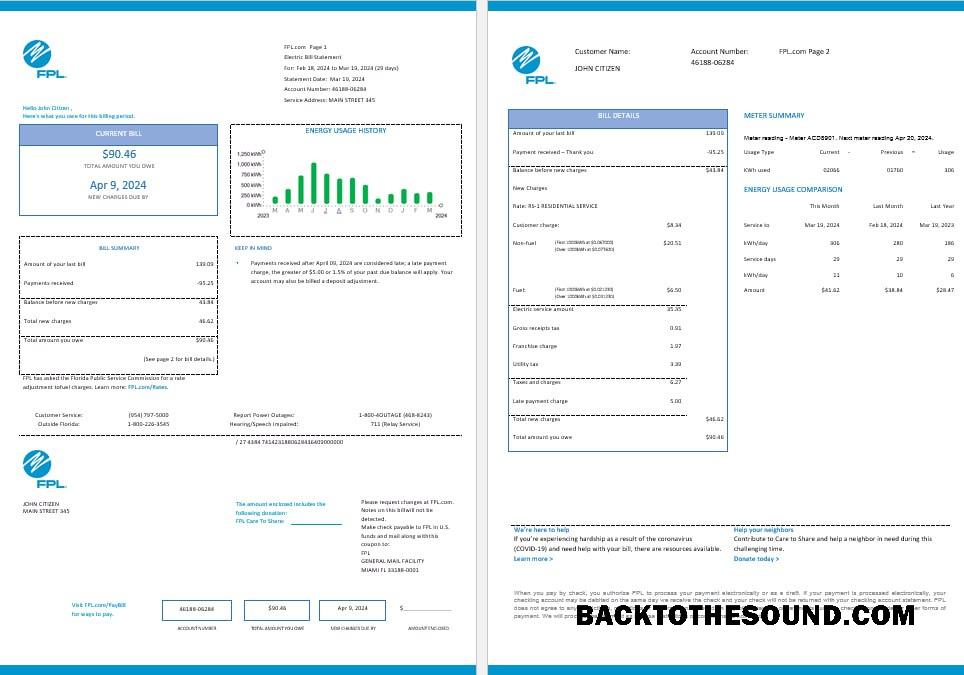 İndir ABD FPL Elektrik Fatura bil Word and PDF Formatlar, 2 pages, Sürüm 2 Örnek ön izleme