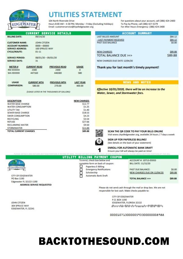 İndir ABD Florida City of Edgewater Fatura Fatura in Word and PDF Format Örnek ön izleme