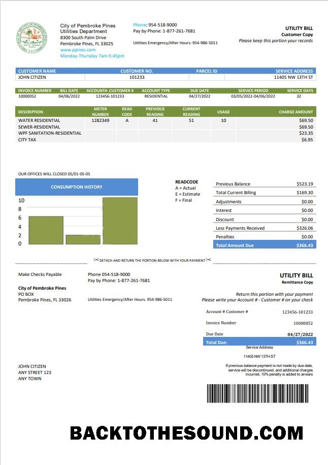İndir ABD Florida City of Pembroke Pines Utilities Department Fatura Fatura in Word and PDF Format Örnek ön izleme