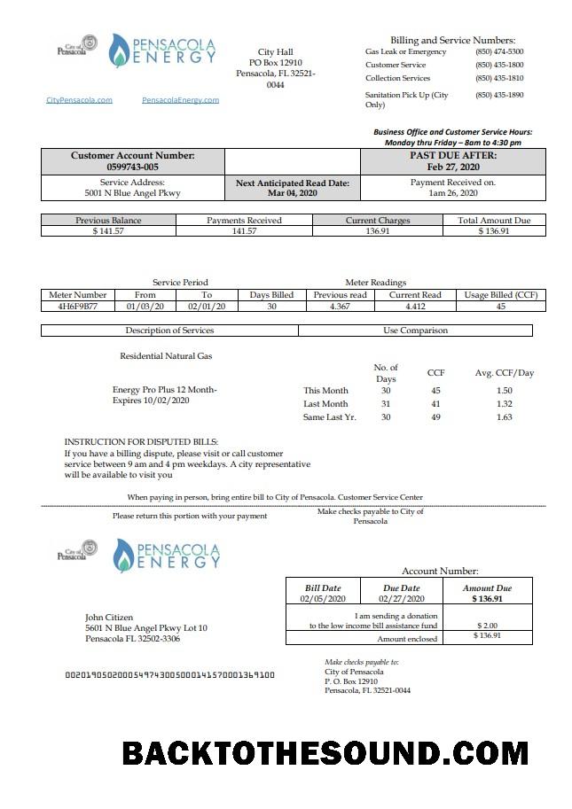 İndir ABD Florida Pensacola Energy Fatura Fatura in Word and PDF Format Örnek ön izleme