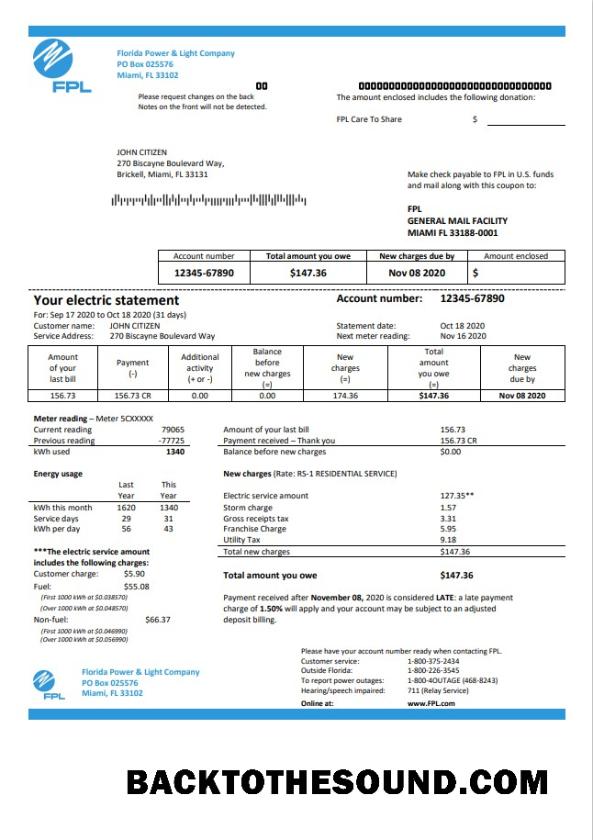 İndir ABD Florida Power & Light Şirket (FPL) Elektrik Fatura Fatura in Word and PDF Format Örnek ön izleme