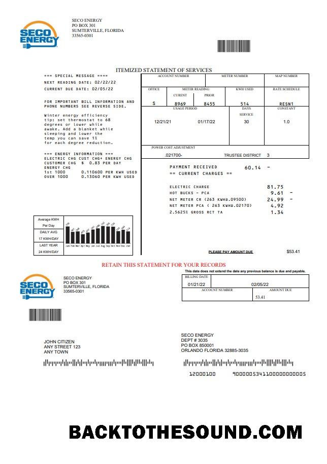 İndir ABD Florida Seco Energy Fatura Fatura in Word and PDF Format Örnek ön izleme