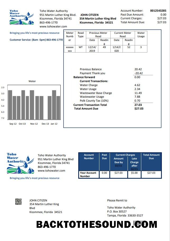 İndir ABD Florida Toho Su Authority Fatura Fatura in Word and PDF Format Örnek örnek
