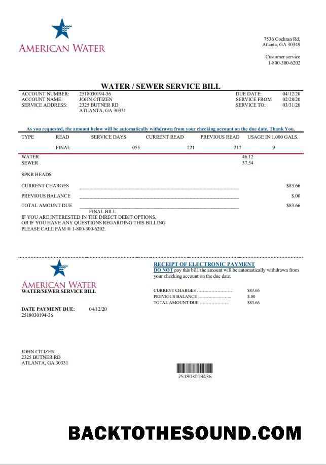 İndir ABD Gürcistan American Su Fatura Fatura in Word and PDF Format Örnek tasarım