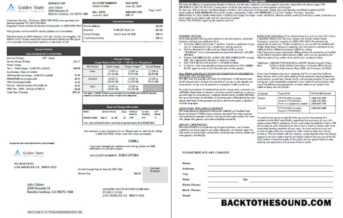 İndir ABD Golden State Su Şirket Fatura Fatura in Word and PDF Formatlar, 2 pages Örnek ön izleme