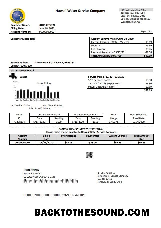 İndir ABD Hawaii Su Hizmet Şirket Fatura Fatura in Word and PDF (.doc and .PDF) Format Örnek ön izleme
