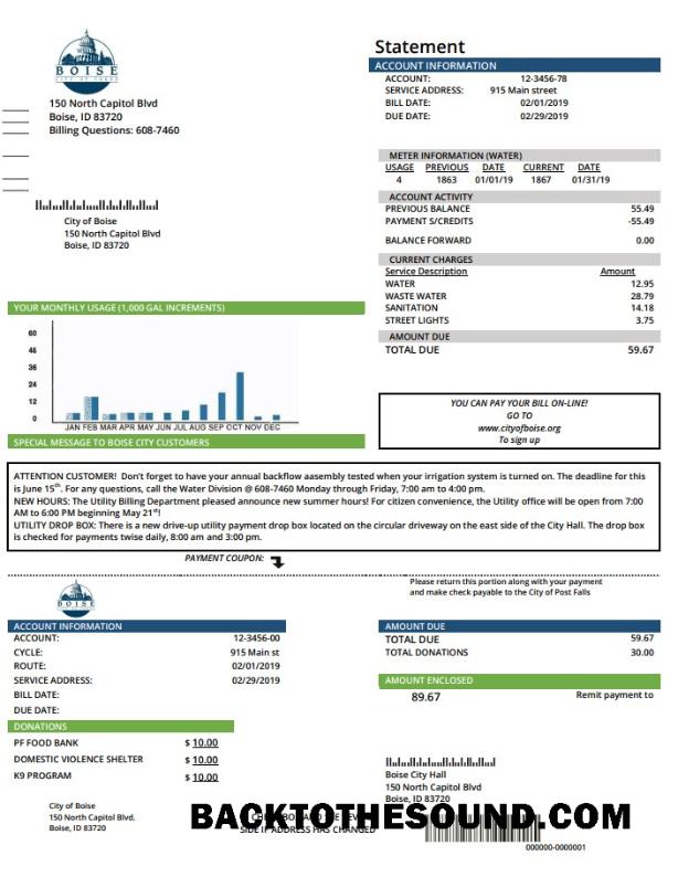 İndir ABD Idaho Boise City of Trees Su Fatura Fatura in Word and PDF Format Örnek örnek