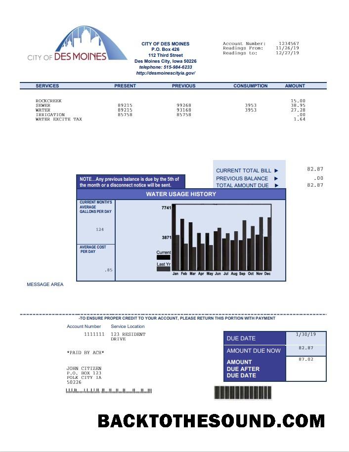 İndir ABD Iowa City of Des Moines Su Fatura Fatura in Word and PDF Format Örnek ön izleme