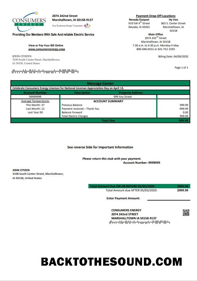 İndir ABD Iowa Consumers Energy Fatura Fatura in Word and PDF Format Örnek taslak