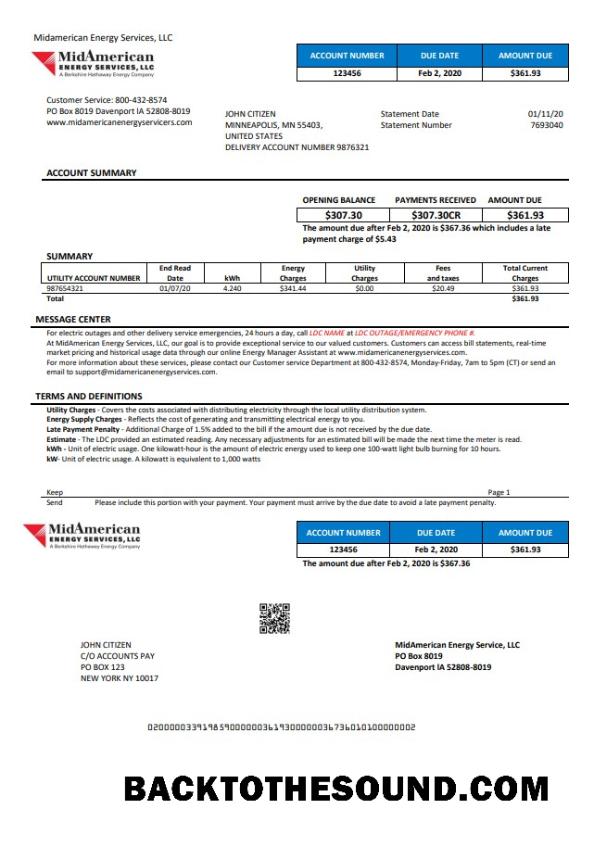 İndir ABD Iowa MidAmerican Energy Services Fatura Fatura in Word and PDF Format Örnek şablon