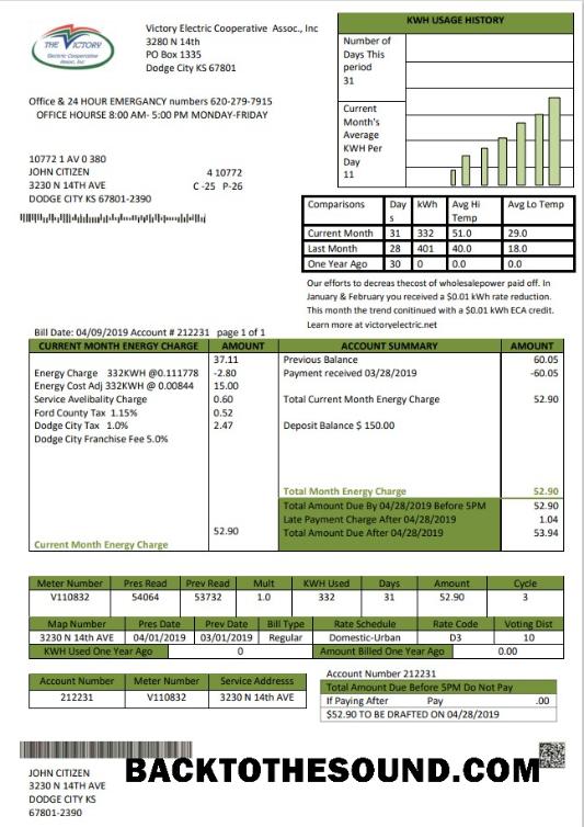 İndir ABD Kansas Victory Electric Fatura Fatura in Word and PDF Format Örnek ön izleme