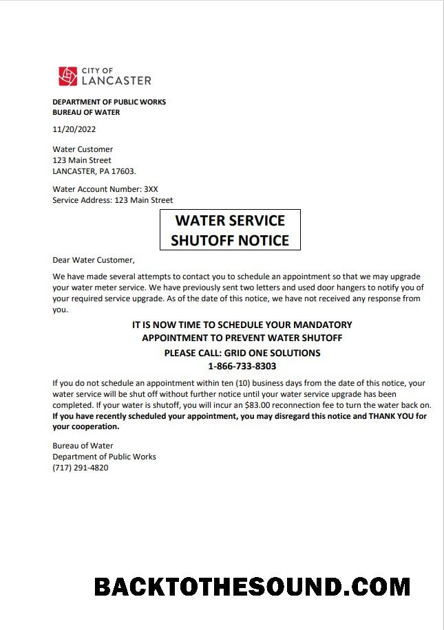 İndir ABD Lancaster Su Hizmet Fatura Fatura shutoff notice, Word and PDF Örnek taslak