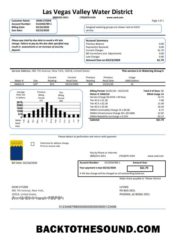 İndir ABD Las Vegas Valley Su District (LVVWD) Fatura Fatura in Word and PDF Format Örnek şablon