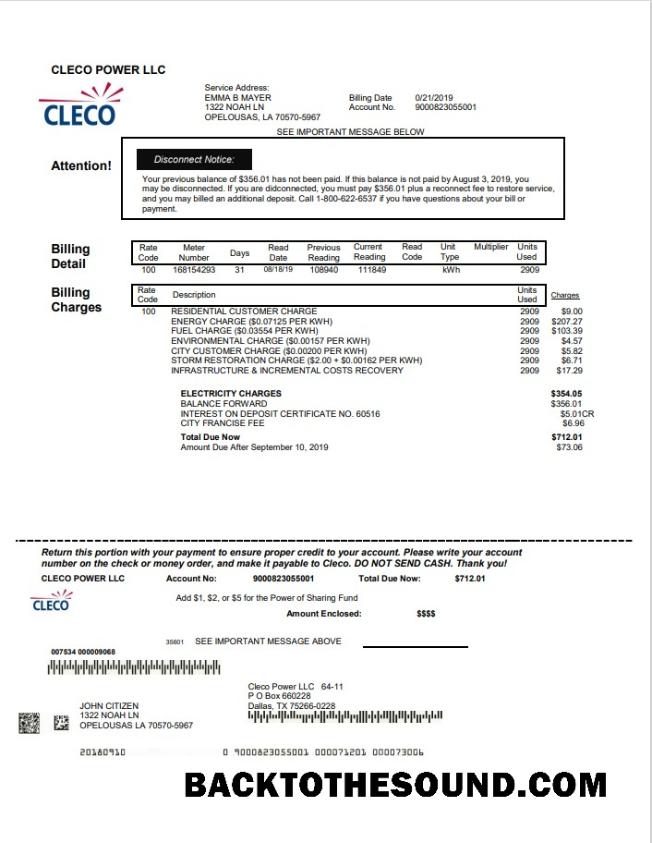 İndir ABD Louisiana Cleco Power Elektrik Fatura Fatura in Word and PDF Format Örnek taslak