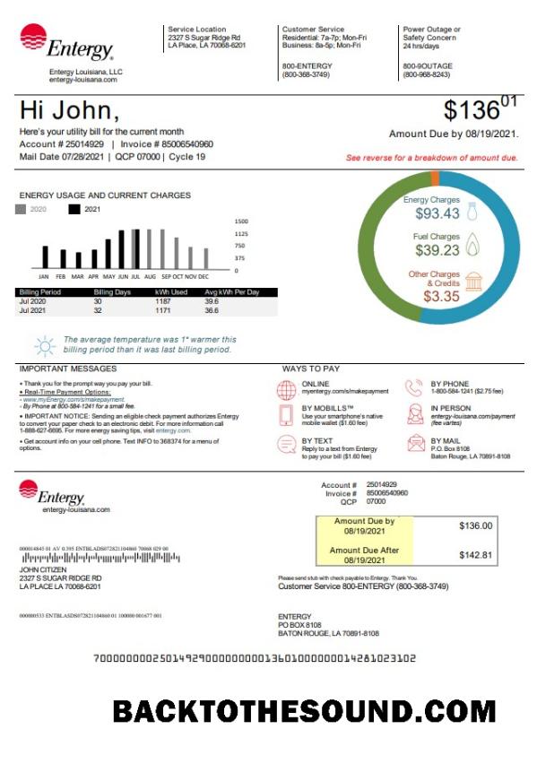 İndir ABD Louisiana Entergy Fatura Fatura in Word and PDF Format, Sürüm 2 Örnek ön izleme