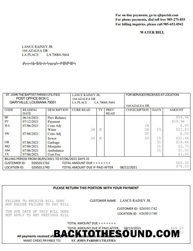 İndir ABD Louisiana St. John the Baptist Parish Su Fatura in Word and PDF Format Örnek taslak