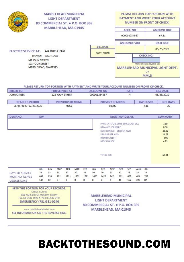 İndir ABD Marblehead Municipal Light Department Fatura Fatura in Word and PDF Format Örnek ön izleme