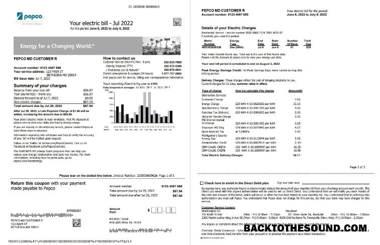 Gerçekçi İndir ABD Maryland Pepco Fatura Fatura, Word and PDF Şablon, 3 pages 1 2 Örnek